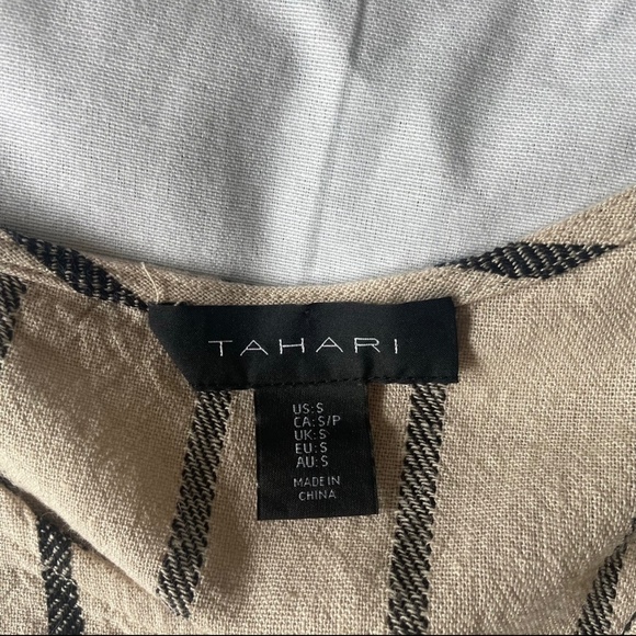TAHARI Women's Natural Black Linen/Viscose Blend Striped Abstract Dress Sz Small - Picture 3 of 9